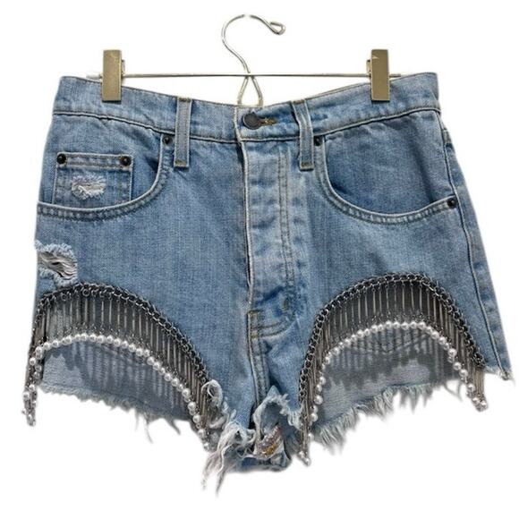 Festival Jeweled Fringe Denim Shorts Pearl Chain Cutoff Size 25 - Picture 4 of 10
